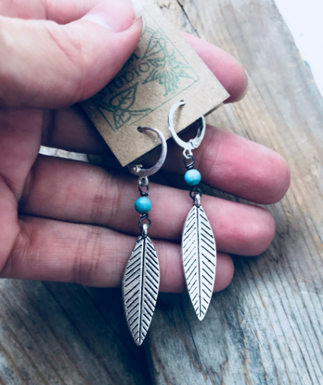 Silver Feather Earrings with Turquoise