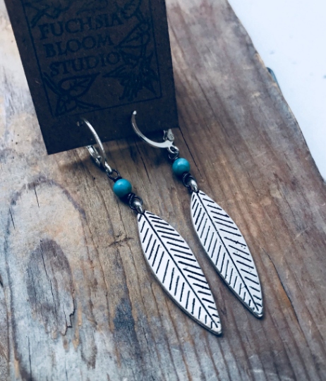 Silver Feather Earrings with Turquoise