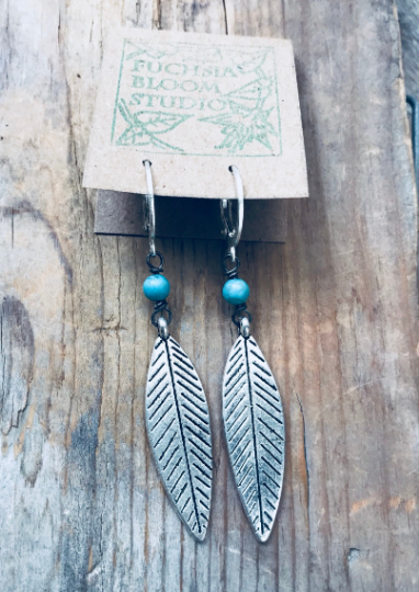 Silver Feather Earrings with Turquoise