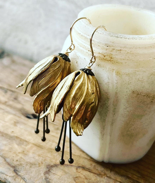 Large Brass Tulip Flower Earrings