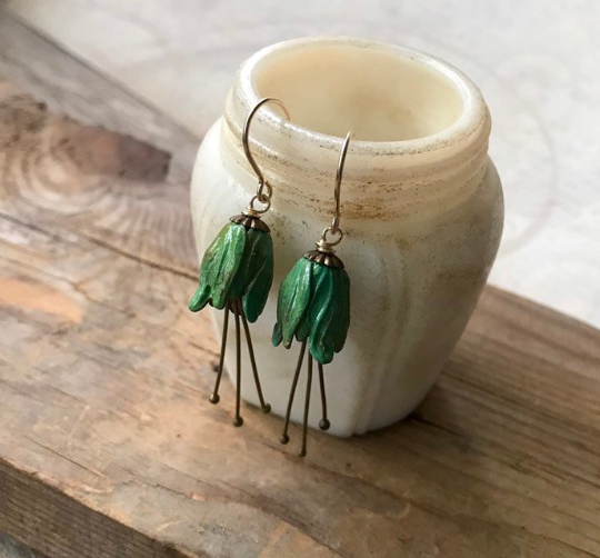 Small Green Tulip Flower Earrings