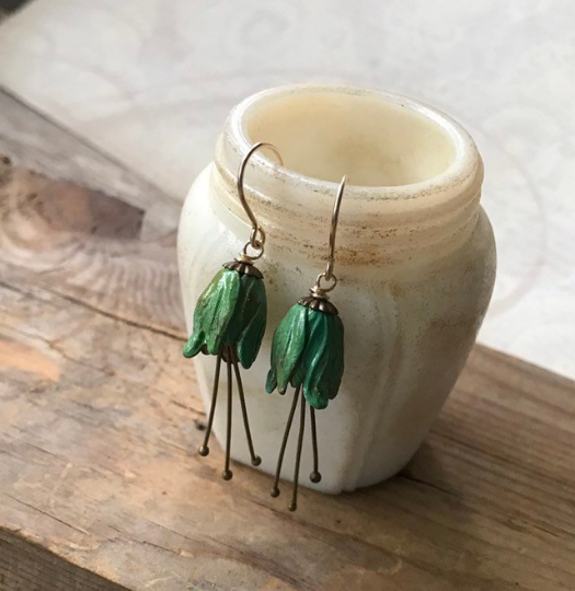 Small Green Tulip Flower Earrings