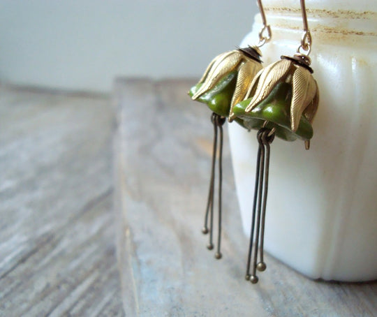 Olive Green and Brass Blossom Earrings