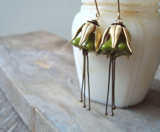 Olive Green and Brass Blossom Earrings