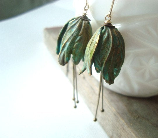 Large Green Tulip Flower Earrings