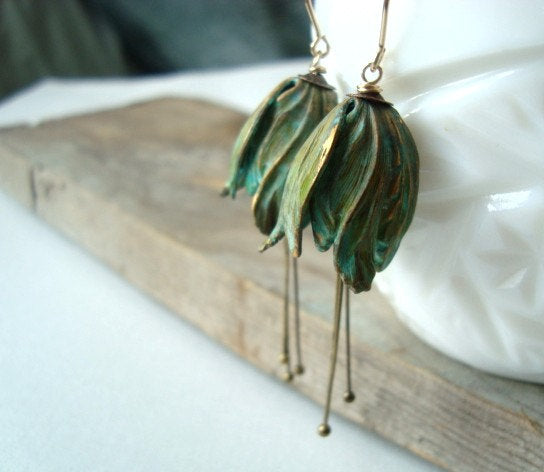 Large Green Tulip Flower Earrings