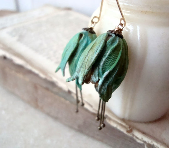 Large Green Tulip Flower Earrings