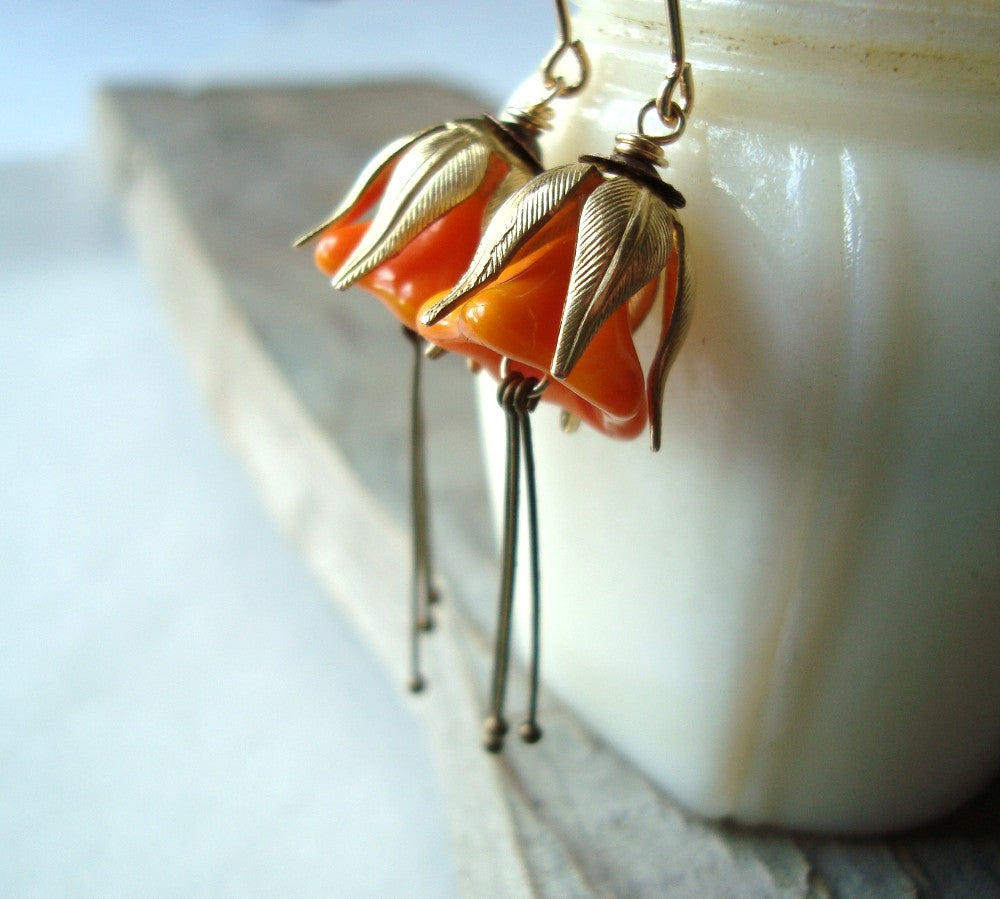 Pumpkin and Brass Blossom Earrings