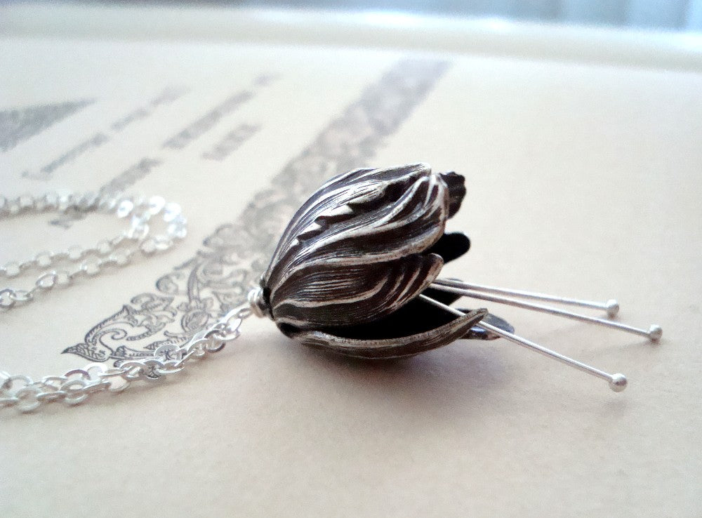 Large Silver Tulip Flower Necklace