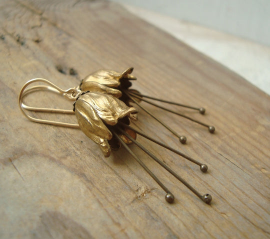 Small Brass Tulip Flower Earrings