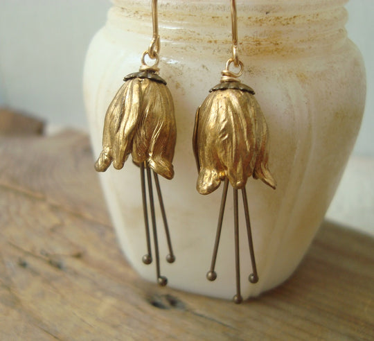 Small Brass Tulip Flower Earrings