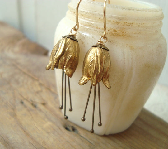 Small Brass Tulip Flower Earrings