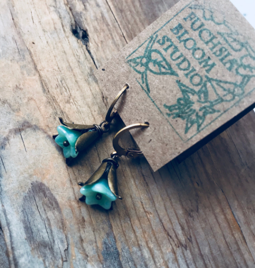 Tiny Aqua and Brass Blossom Earrings