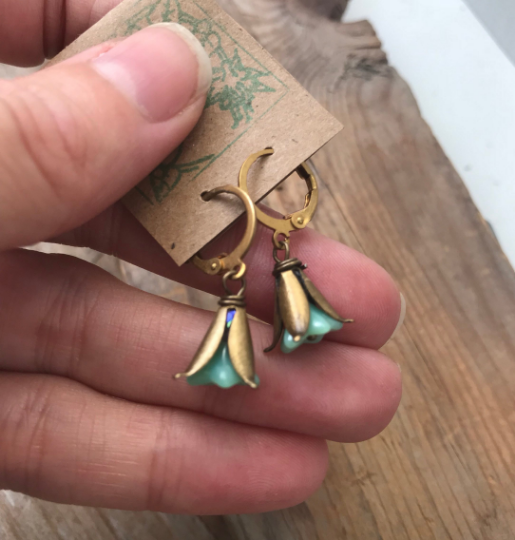 Tiny Aqua and Brass Blossom Earrings