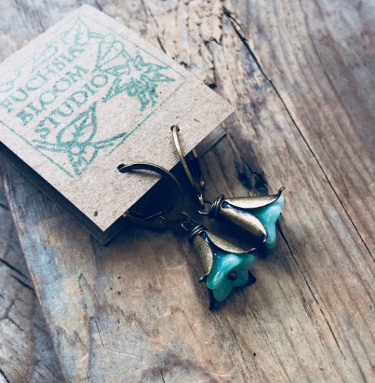 Tiny Aqua and Brass Blossom Earrings