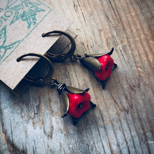 Tiny Red Flower and Brass Earrings