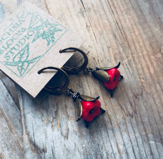 Tiny Red Flower and Brass Earrings