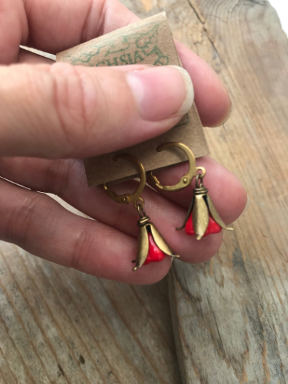 Tiny Red Flower and Brass Earrings