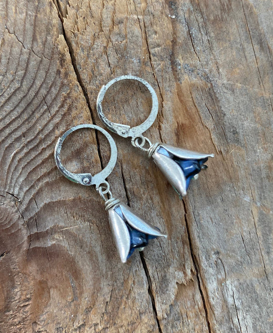 Tiny Blue and Silver Flower Earrings