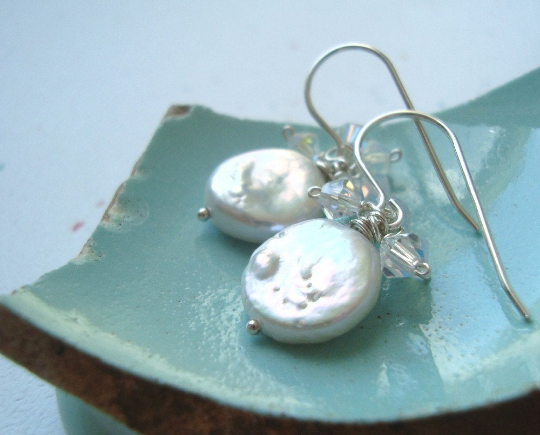 White Coin Pearl and Crystal Earrings