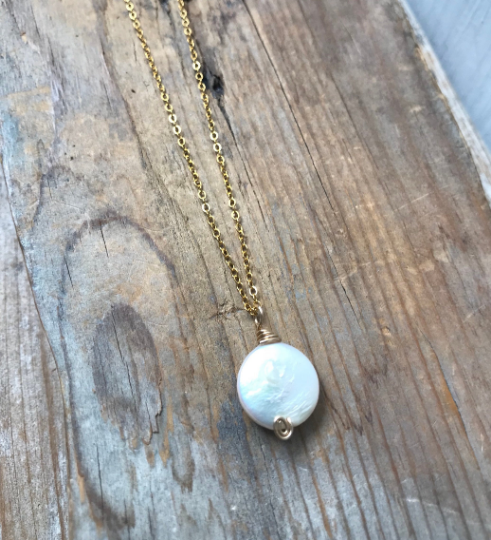 White Coin Pearl and Gold Necklace